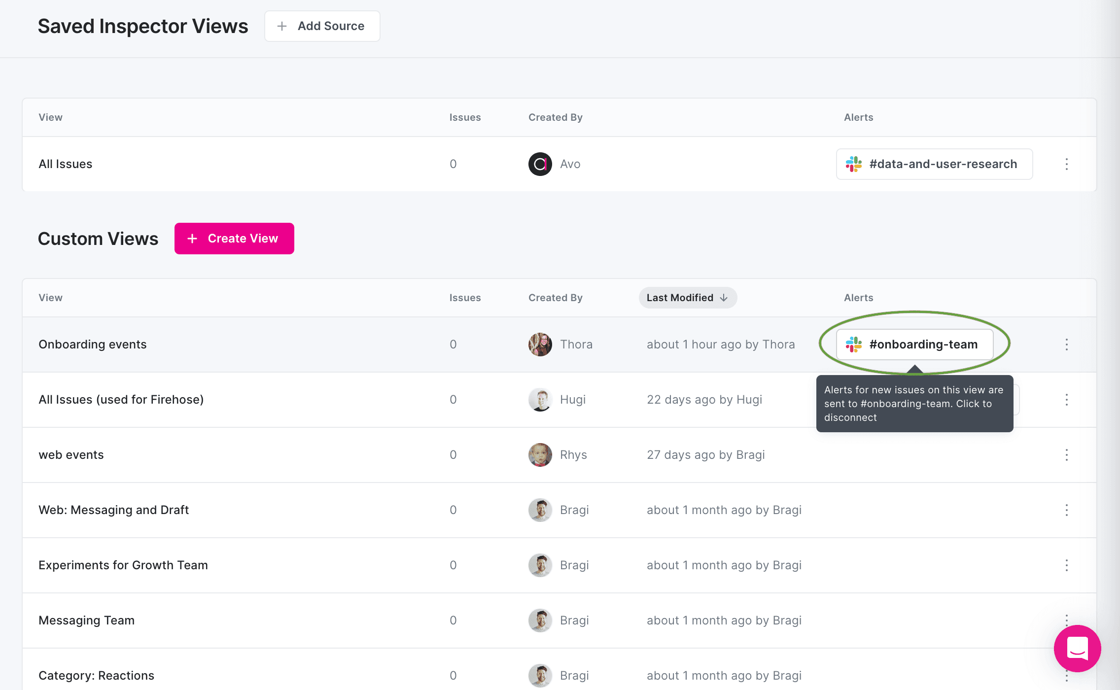 Saved views overview with disconnect Slack alerts option