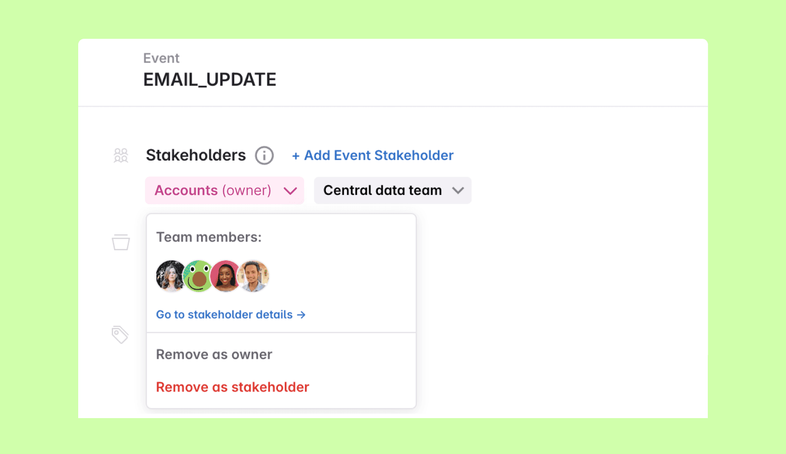 Avo event details view with stakeholder teams